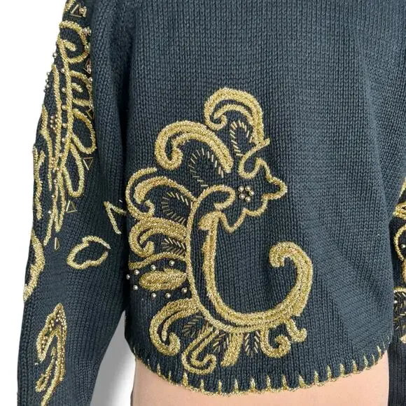 Vintage 90s Michael Simon Black Gold Metallic Embroidered Cropped Knit Cardigan - Picture 6 of 12